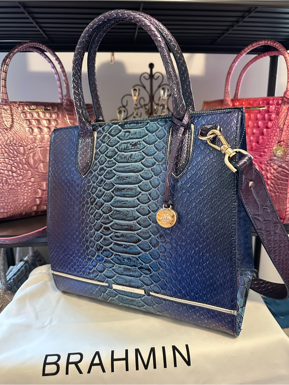GREAT PRICE Brahmin Sapphire Blue Iridescent Blue/Green/ Purple Satchel - Picture 3 of 14